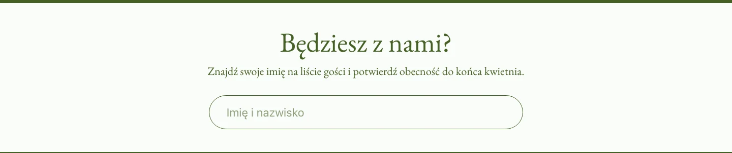 Sekcja potwierdzania obecności na stronie ślubnej Weddelii: pytanie „Będziesz z nami?” i jedno pole na imię i nazwisko