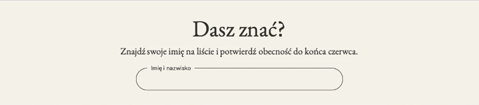 Sekcja potwierdzania obecności na stronie ślubnej: nagłówek „Dasz znać?” i pole na imię i nazwisko gościa