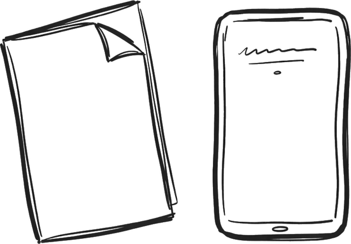 Rysunek tuszem: złożona papierowa karta obok telefonu z pustym ekranem
