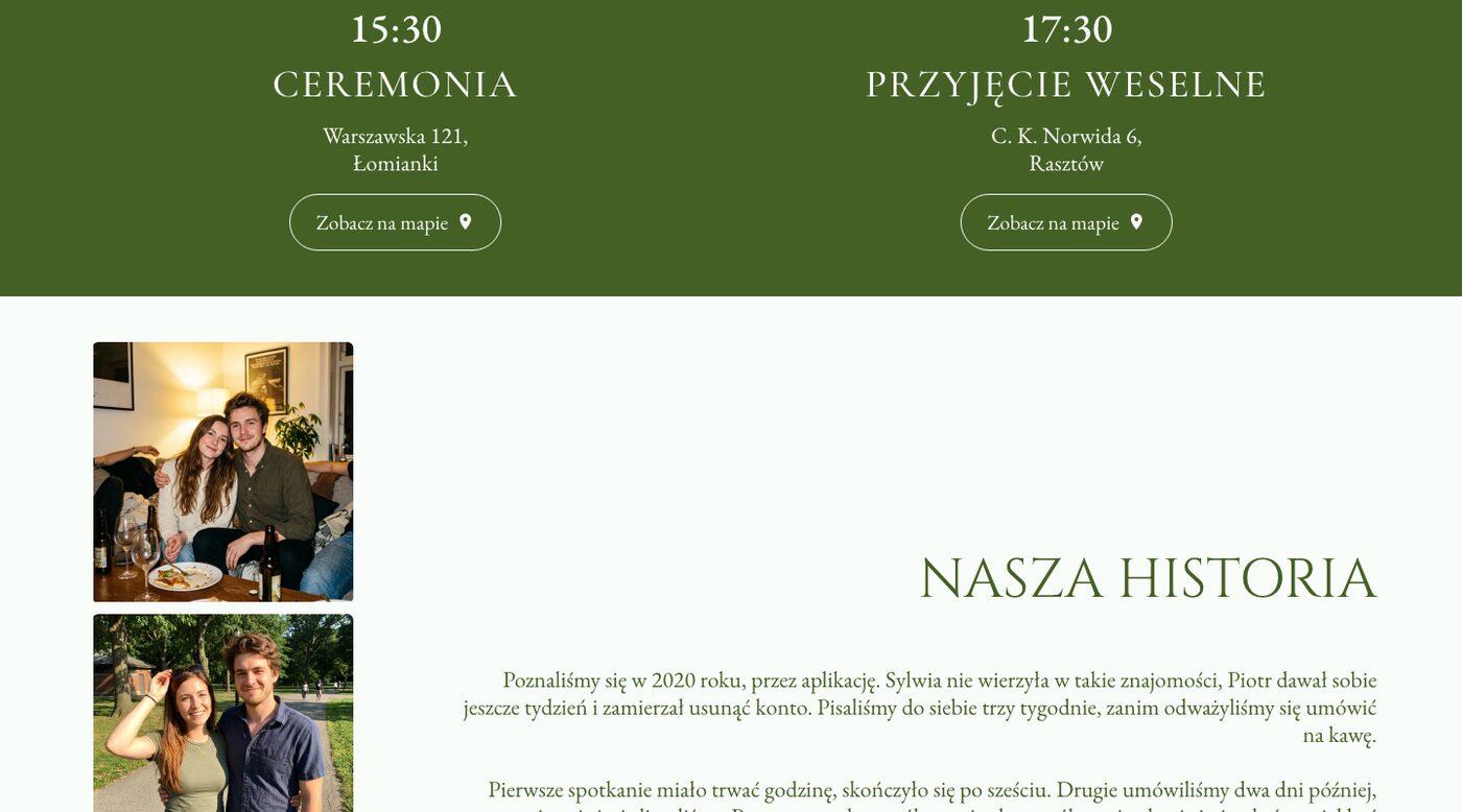 Sekcja z godzinami ceremonii i przyjęcia oraz początek historii pary na stronie ślubnej