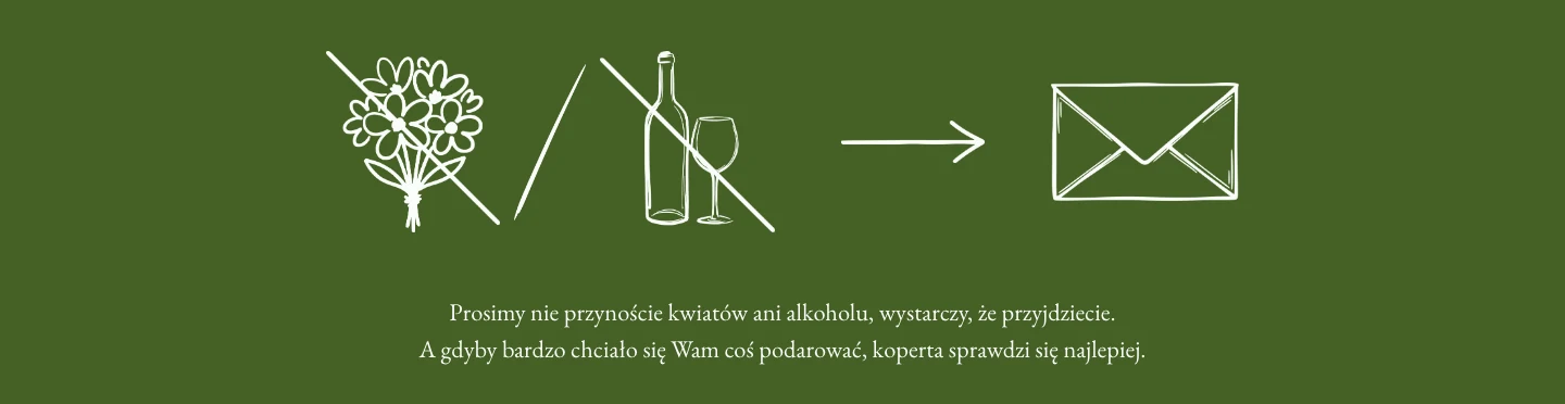 Sekcja o prezentach na stronie ślubnej: przekreślony bukiet i przekreślona butelka, strzałka i koperta, pod spodem prośba, żeby nie przynosić kwiatów ani alkoholu