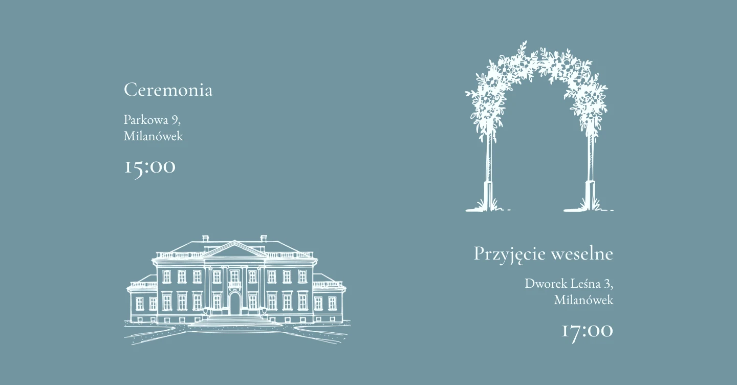 Sekcja Miejsce i czas w stylu Hortensja: ceremonia przy Parkowej 9 o 15:00 i przyjęcie weselne w dworku o 17:00, obok rysunki łuku z kwiatów i dworku
