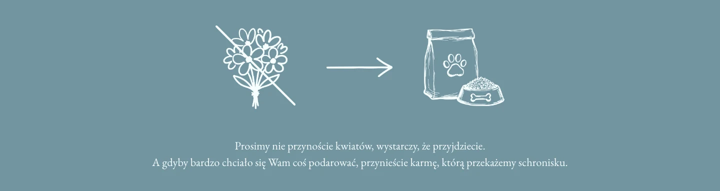 Sekcja Prezenty: przekreślony bukiet, strzałka i worek karmy dla psa, pod spodem prośba, żeby zamiast kwiatów przynieść karmę dla schroniska