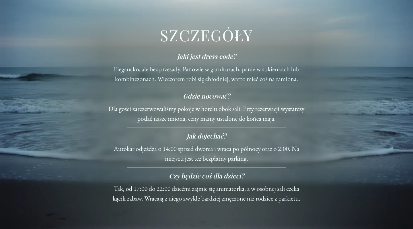 Sekcja Szczegóły na stronie ślubnej: pytania o dress code, nocleg, dojazd autokarem sprzed dworca i opiekę nad dziećmi