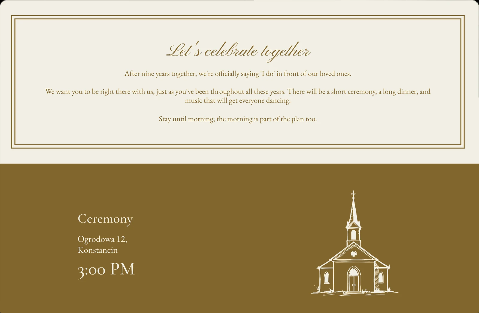 Strona ślubna Weddelii po angielsku: powitanie „Let's celebrate together" w podwójnej ramce, pod nim sekcja „Ceremony" z adresem, godziną 3:00 PM i rysunkiem kościoła