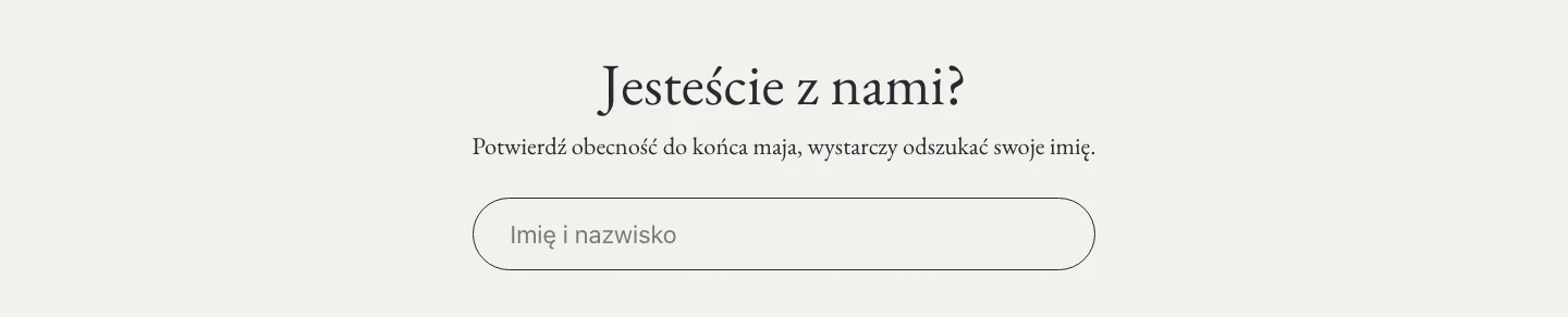 Formularz potwierdzania obecności na stronie ślubnej, z polem na imię i nazwisko gościa