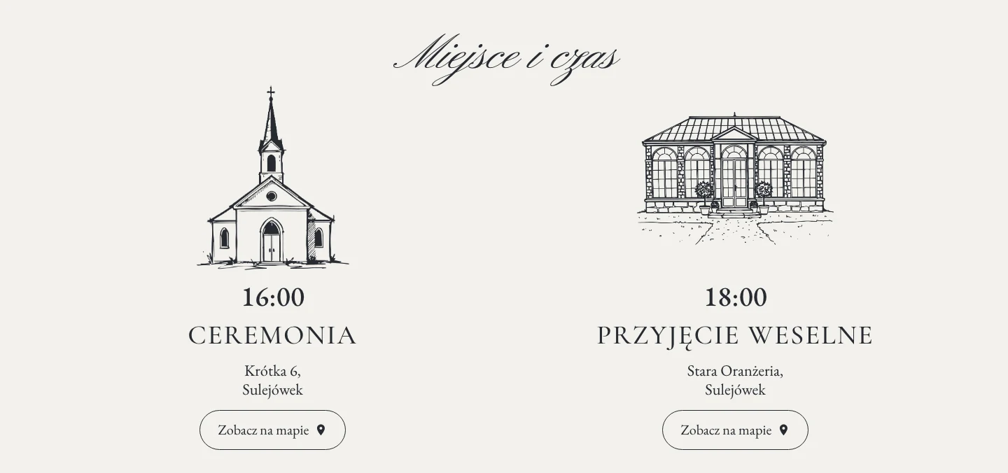 Sekcja Miejsce i czas na stronie ślubnej: godziny ceremonii i przyjęcia, adresy i przyciski do mapy