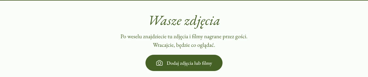 Sekcja „Wasze zdjęcia" na stronie ślubnej, z przyciskiem „Dodaj zdjęcia lub filmy"